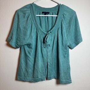 Boden Womens Teal Blue Silk Linen Knit Tie Neck Short‎ Sleeve Cardigan Top